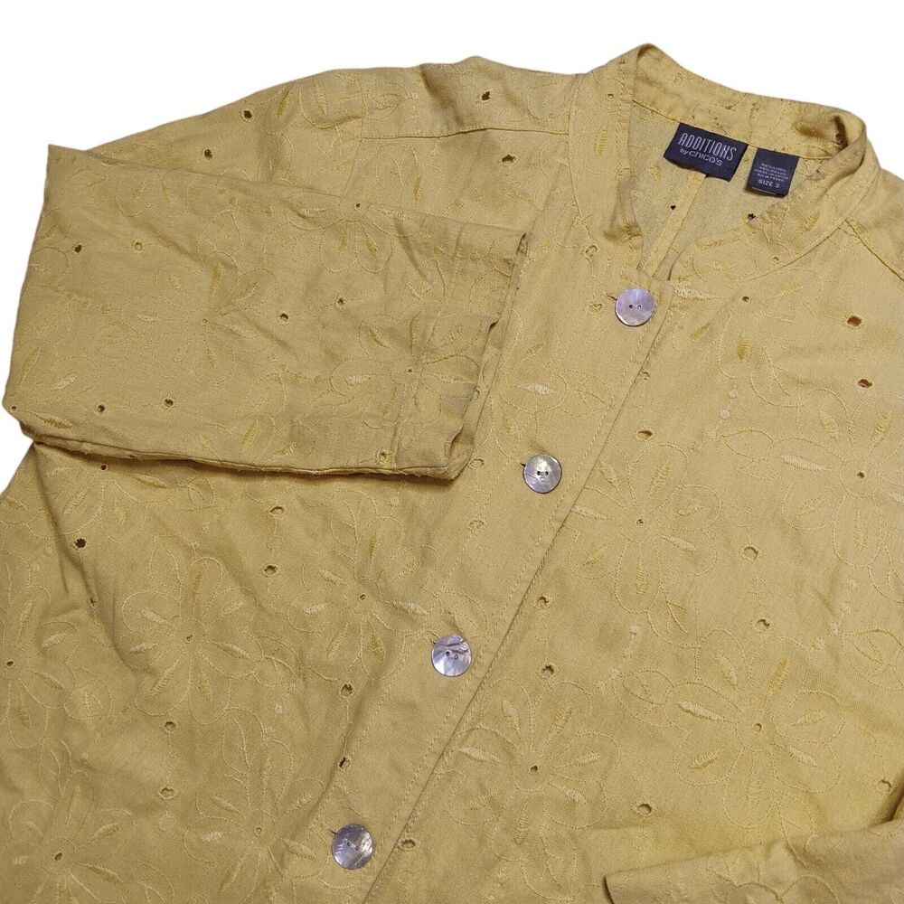 Chico's Woman's XL (3) Yellow 3/4 Sleeve Button Front‎ Linen Blend Eyelet Detail